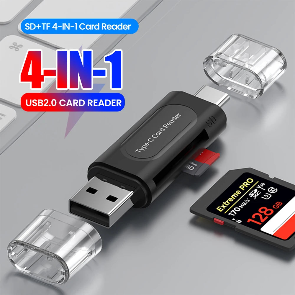4-in-1 USB Type-C Card Reader | OTG Adapter for SD, TF & USB 2.0 Memory Sticks