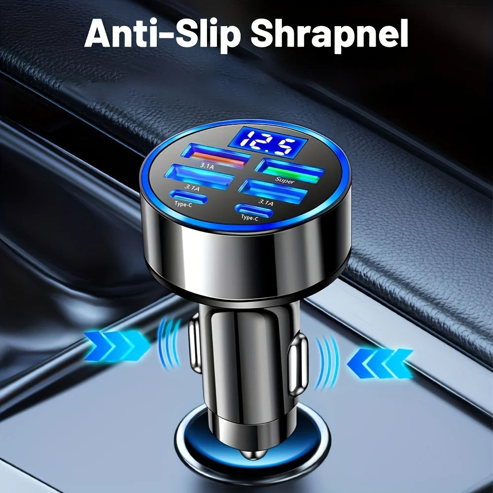 6-in-1 Fast Car Charger | Dual Type-C & Digital Display Multi-Port USB Adapter