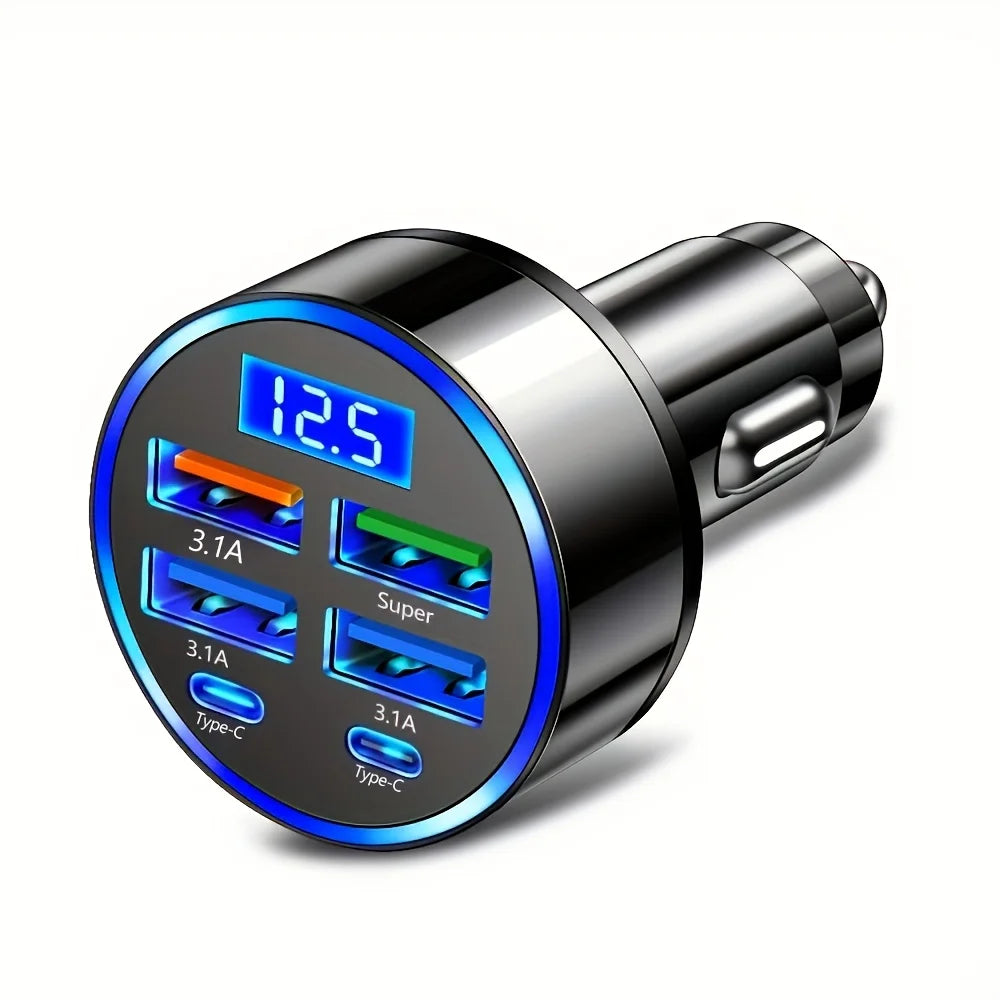 6-in-1 Fast Car Charger | Dual Type-C & Digital Display Multi-Port USB Adapter