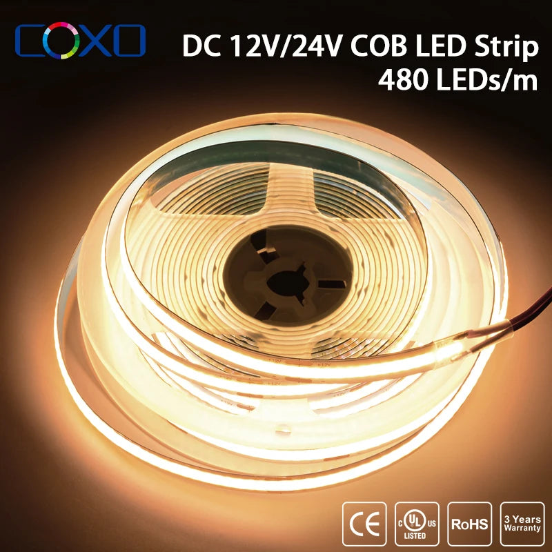 COB LED Strip Light 320/480 LEDs High Density Flexible Tape 3000K-6500K