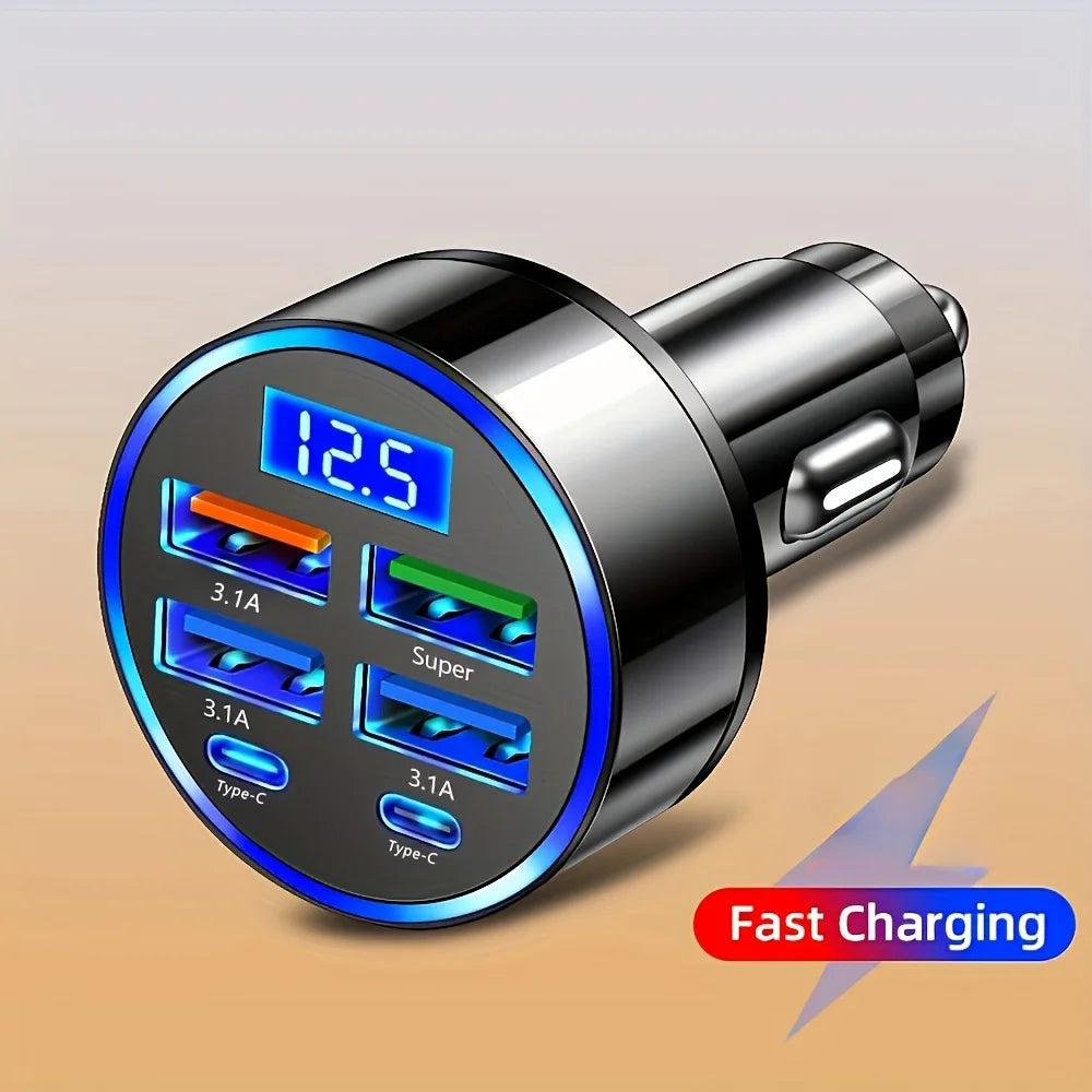 6-in-1 Fast Car Charger | Dual Type-C & Digital Display Multi-Port USB Adapter