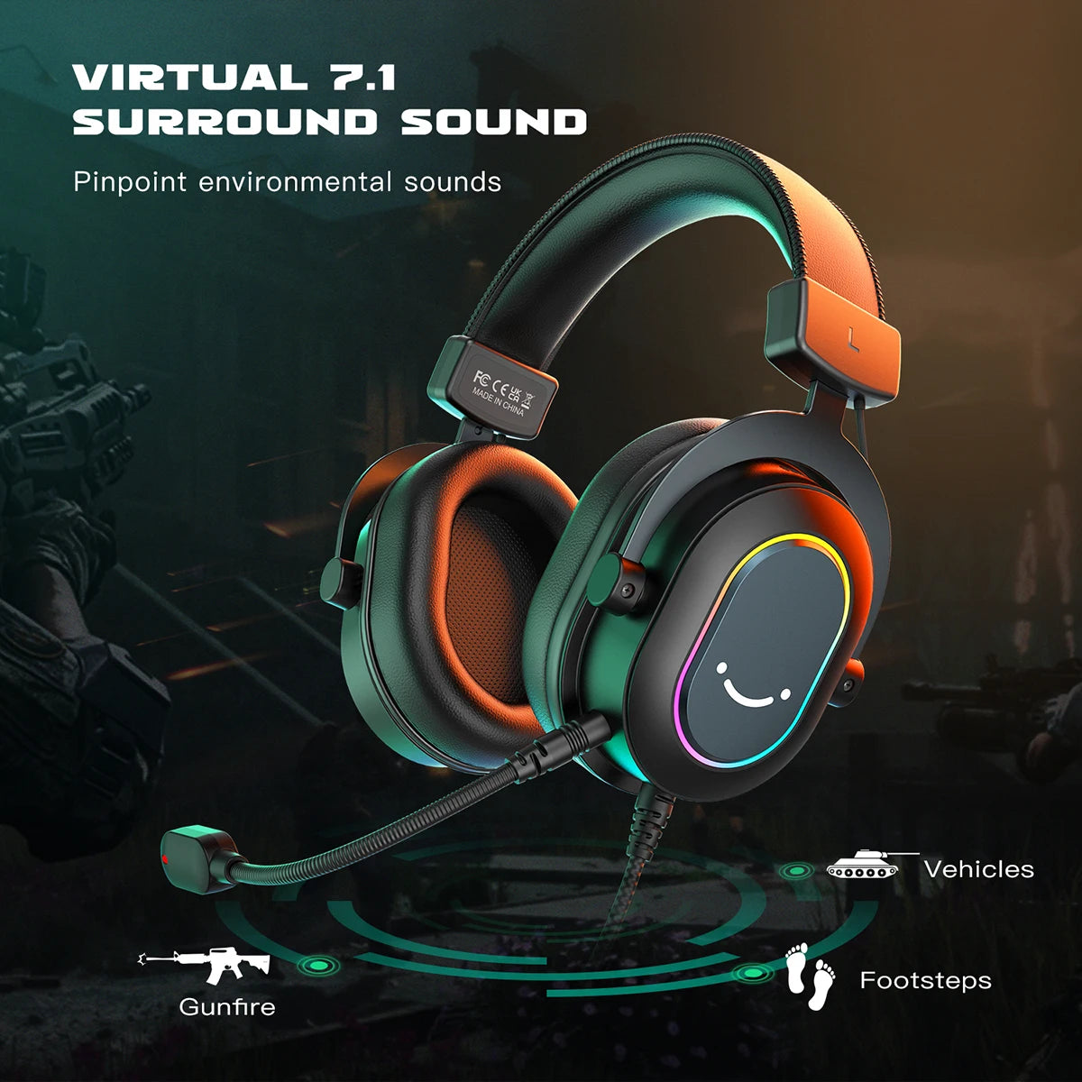 RGB Gaming Headset with Mic | 7.1 Surround Sound & 3 EQ Modes for PC & Console