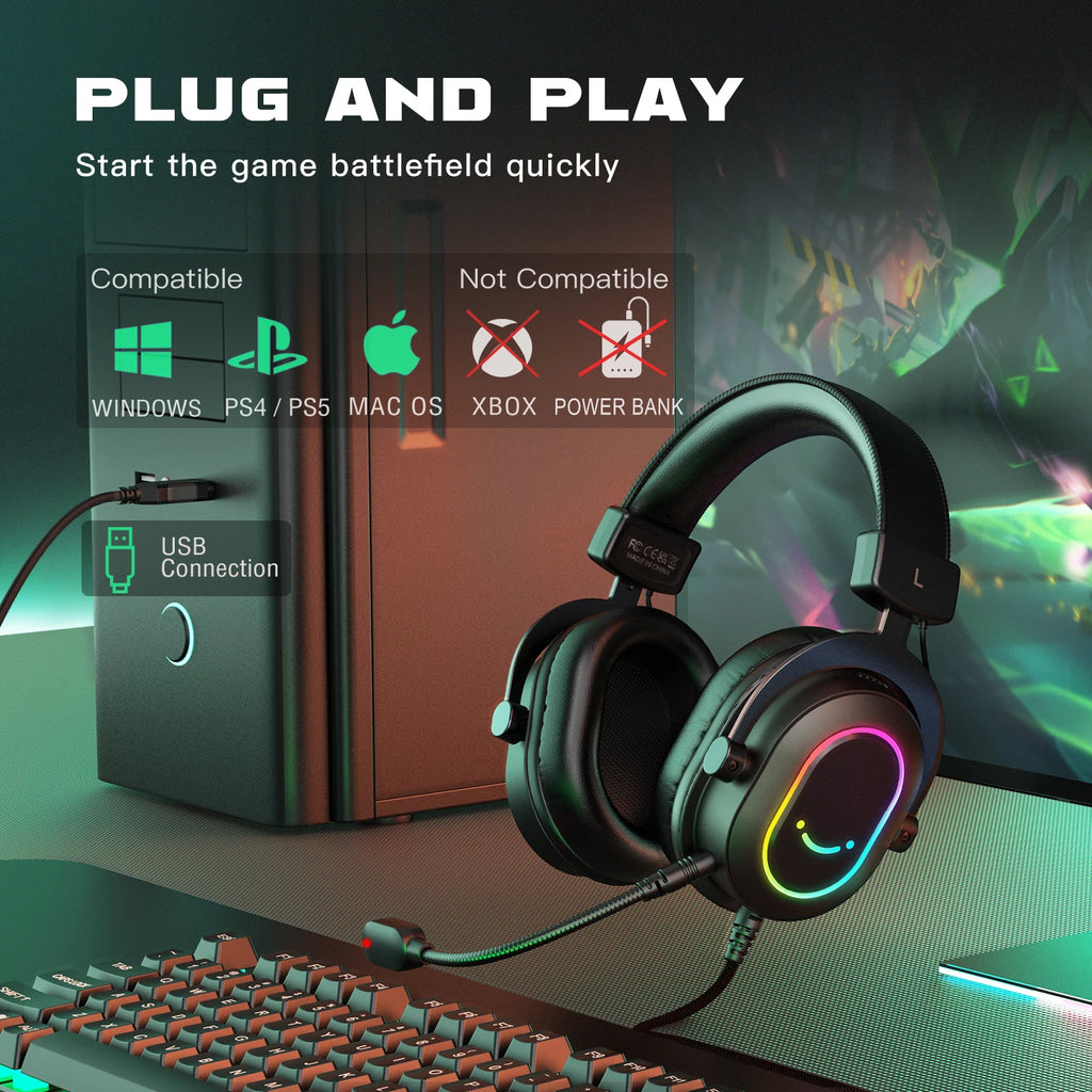 RGB Gaming Headset with Mic | 7.1 Surround Sound & 3 EQ Modes for PC & Console