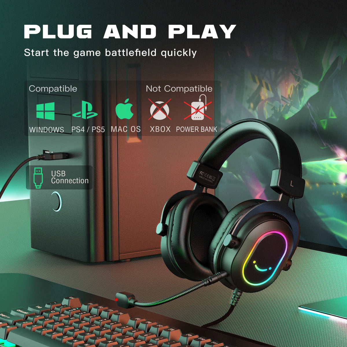 RGB Gaming Headset with Mic | 7.1 Surround Sound & 3 EQ Modes for PC & Console