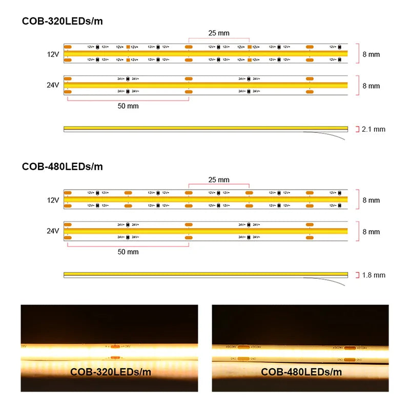 COB LED Strip Light 320/480 LEDs High Density Flexible Tape 3000K-6500K