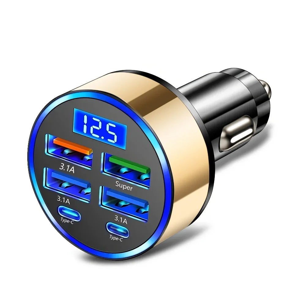 6-in-1 Fast Car Charger | Dual Type-C & Digital Display Multi-Port USB Adapter