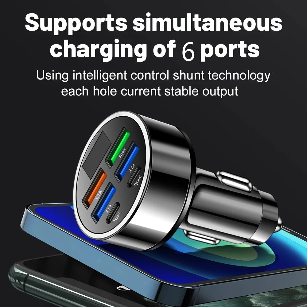 6-in-1 Fast Car Charger | Dual Type-C & Digital Display Multi-Port USB Adapter