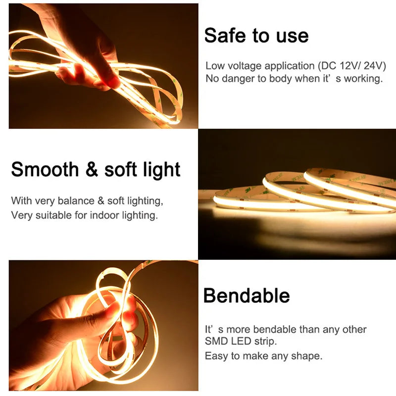 COB LED Strip Light 320/480 LEDs High Density Flexible Tape 3000K-6500K