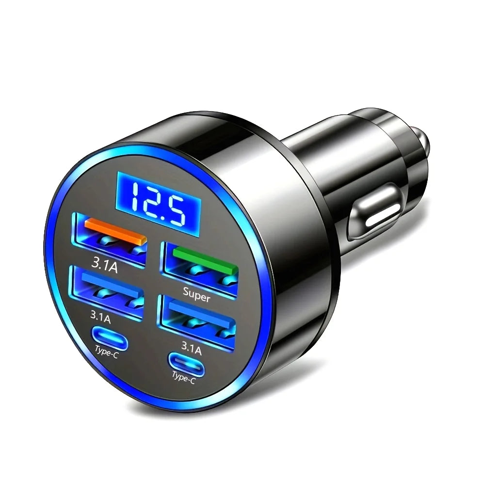 6-in-1 Fast Car Charger | Dual Type-C & Digital Display Multi-Port USB Adapter