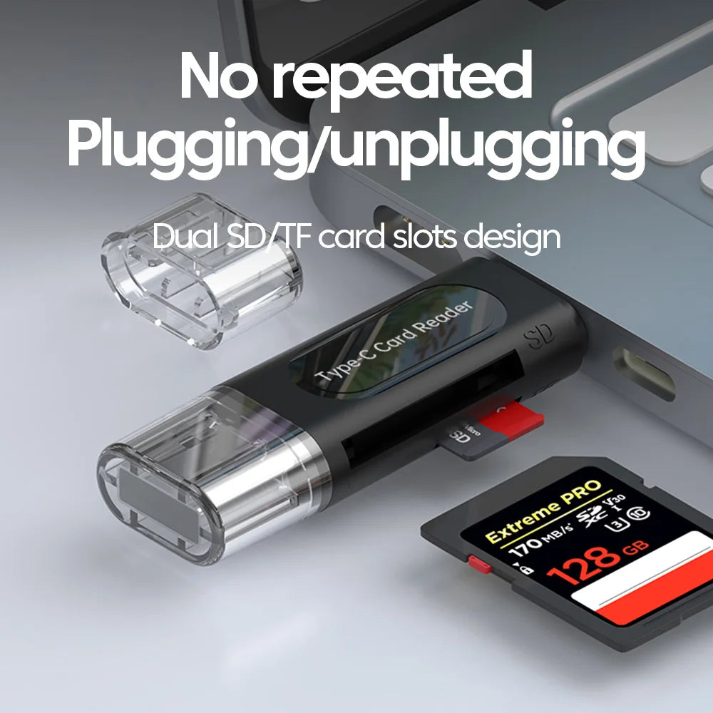 4-in-1 USB Type-C Card Reader | OTG Adapter for SD, TF & USB 2.0 Memory Sticks