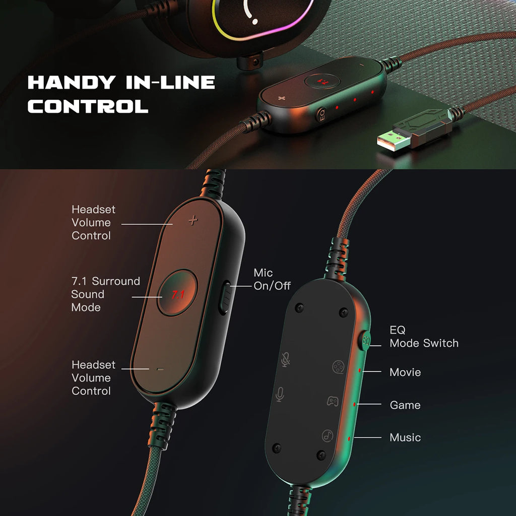 RGB Gaming Headset with Mic | 7.1 Surround Sound & 3 EQ Modes for PC & Console