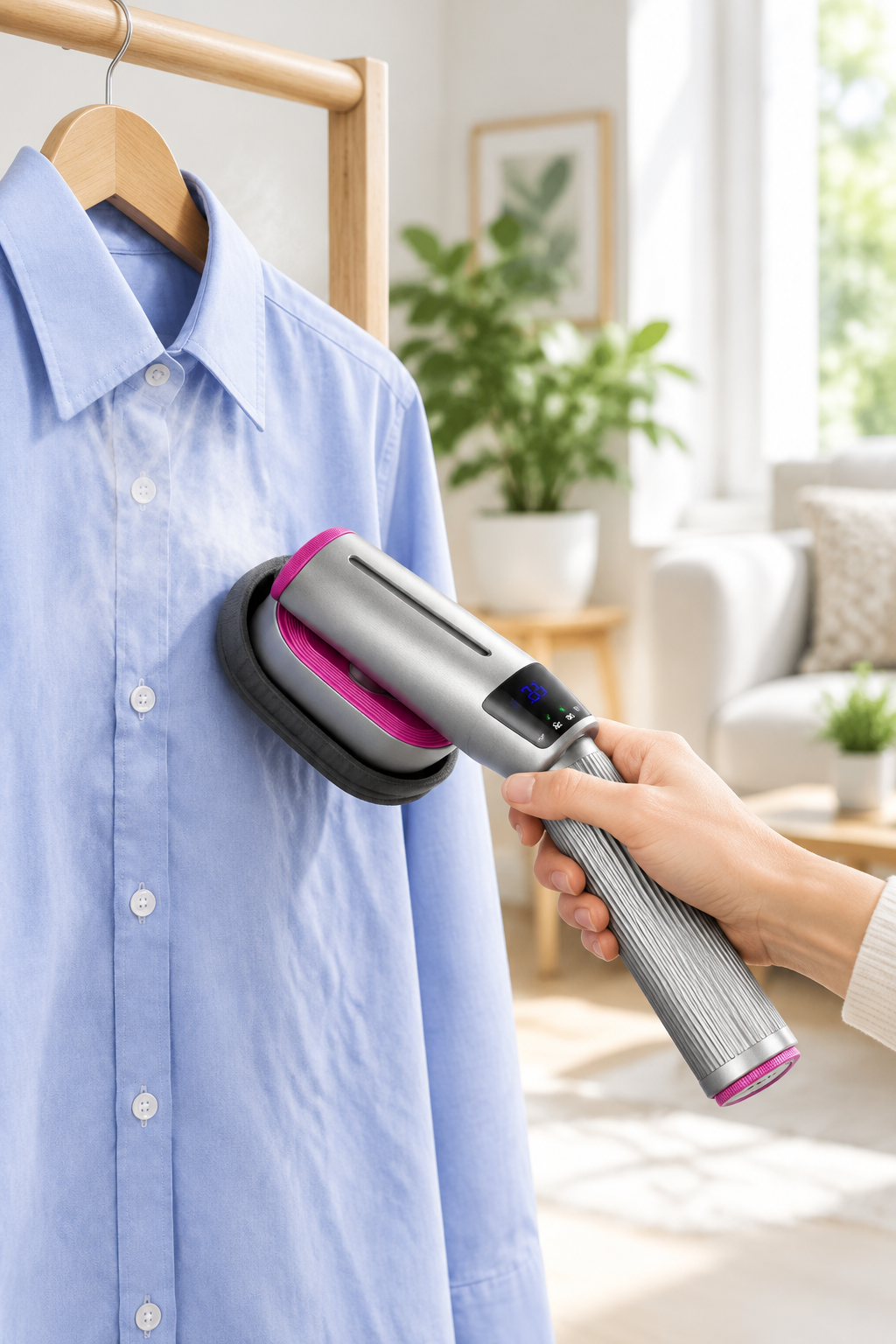 Handheld garment steamer removing wrinkles from a shirt