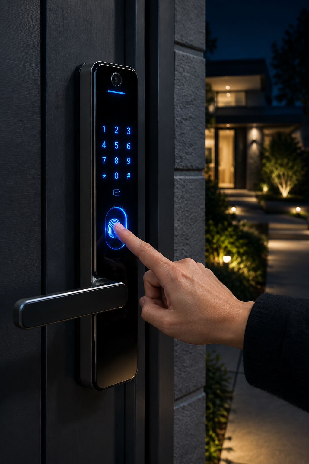 Smart fingerprint door lock with glowing touchscreen being unlocked at night