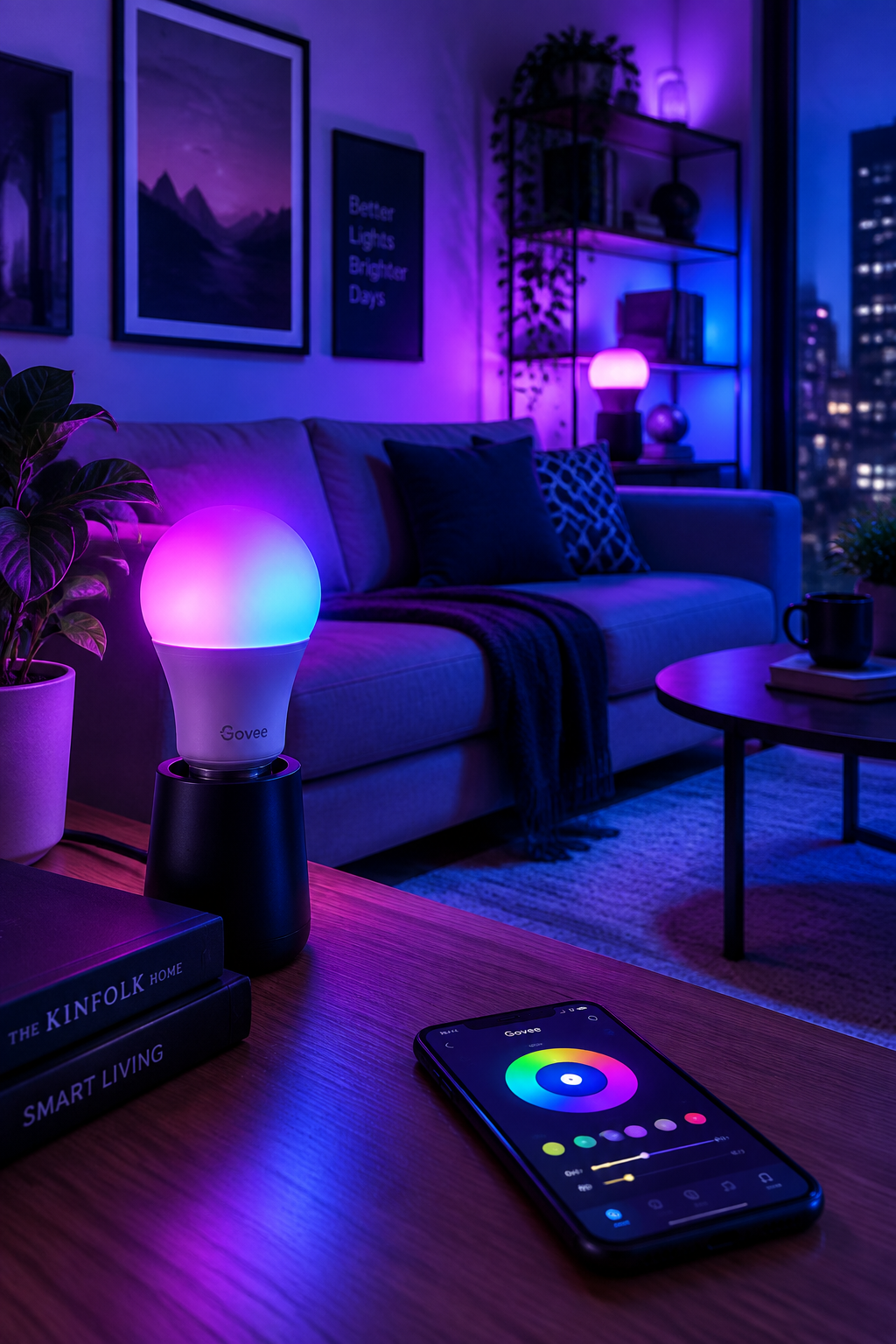 RGB smart LED bulb creating vibrant purple and blue mood lighting in a stylish room